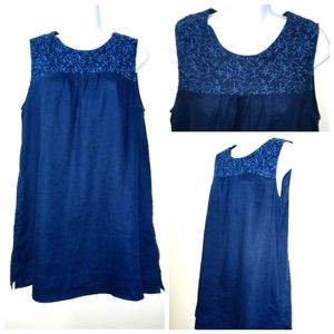 WILLI SMITH TOP TUNIC SLEEVELESS ROUND NECK POCKETS 100% LINEN NAVY SIZE MEDIUM